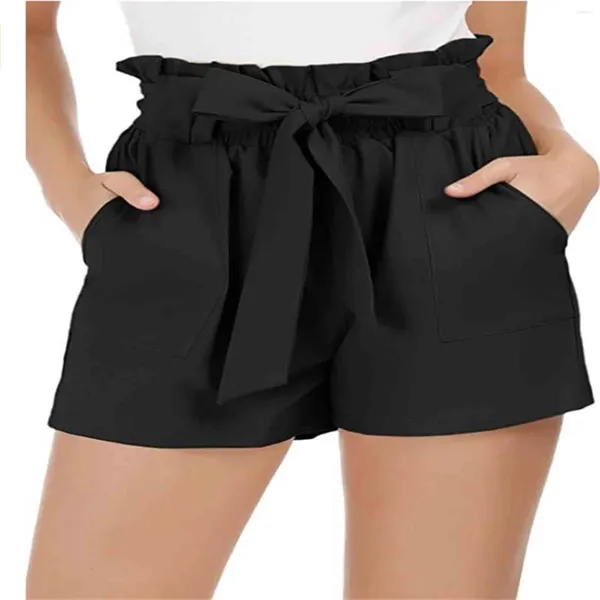 Shorts feminino renda laço casual moda bolso cintura alta calças cinto