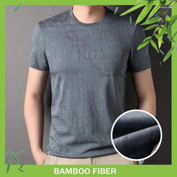 Camiseta masculina 38,8% algodão 45,9% fibra de bambu camiseta masculina manga curta carta jacquard gola redonda cor sólida leve camiseta tops