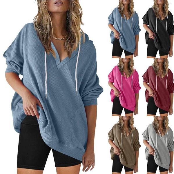 Camicette da donna Felpe sportive da donna Felpa con cappuccio Magliette a maniche lunghe Camicetta con coulisse Tinta unita Tunica Top Basic Walkaway Pullover