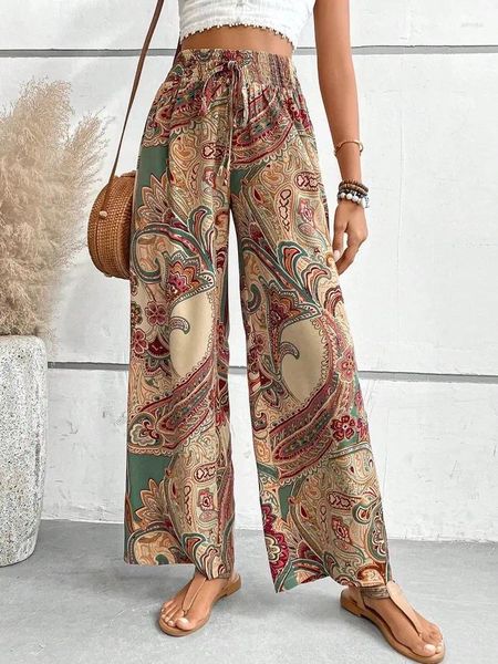 Pantalones de mujer estampados de pierna ancha para mujer con cordón y cordones estilo bohemio pantalones largos sueltos moda urbana para mujer pantalones casuales