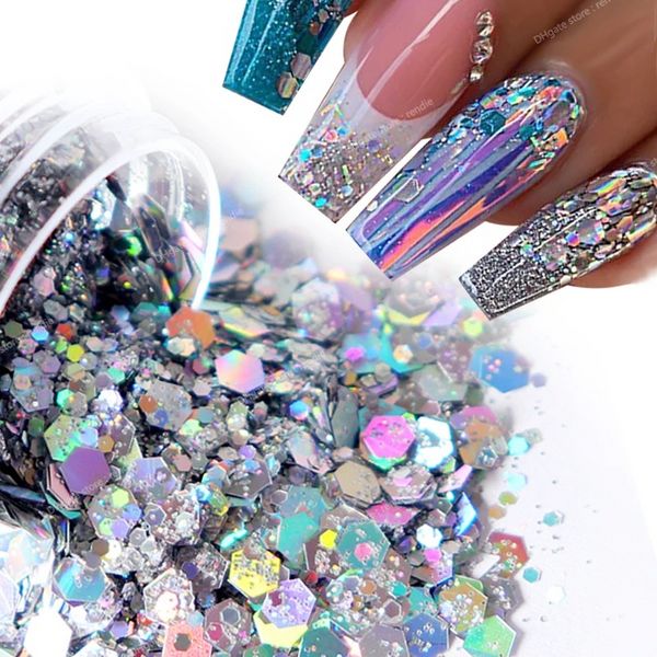 7G Iridescente Prego Lantejoulas Pó Acrílico Holográfico Sereia Hexagonal Chunky Glitter Lantejoulas Gel Polimento Nail Art Decoração Nail ArtNail Glitter Nail Art