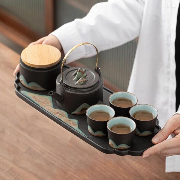 Teegeschirr-Sets, japanischer Stil, handgezeichnete Bergschatten-Teekanne mit Schlaufengriff, Trockenguss-Teeset, Heim-Wohnzimmer-Mini-Teetasse