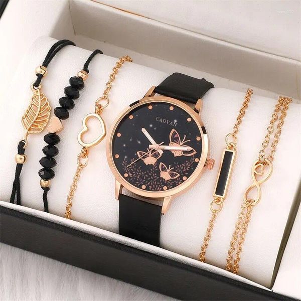 Наручные часы, комплект из 6 шт., женские часы, женские модные часы-бабочка, простые повседневные аналоговые наручные часы, браслет, подарок без коробки