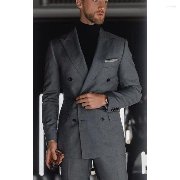 Herrenanzüge Zweireiher Für Männer Erreichtes Revers Dunkelgrau Elegant Formal 2 Stück Jacke Hose Blazer Masculino Kostüm