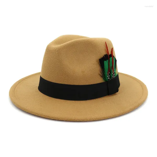 Береты, шляпа-федора для мужчин и женщин, зимние шапки из смеси искусственной шерсти с перьями, простые широкие модные джазовые шапки, оптовая продажа