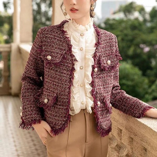 Jaquetas femininas outono inverno vermelho curto tweed casaco jaqueta engrossar topcoat vintage botão up outerwears 2023
