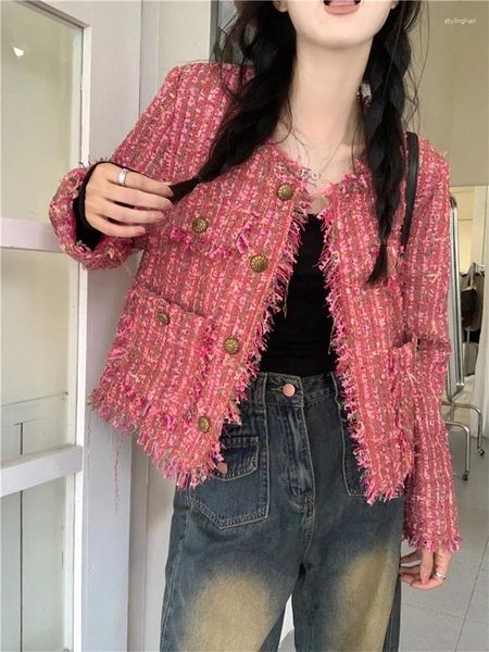 Jaquetas femininas outono inverno elagant mulheres rosa vermelho curto jaqueta moda o pescoço borla manga longa casaco único botão de peito chique outwear top