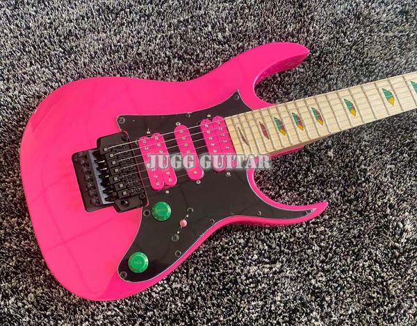 UV777 Universe 7-saitige Vai Pink E-Gitarre HSH-Tonabnehmer, Floyd Rose Tremolo-Sicherungsmutter, verschwindende Pyramideneinlage, schwarze Hardware