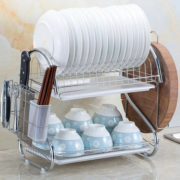 Küchenaufbewahrung, Edelstahl-Geschirrabtropfgestell, doppelschichtiger Ständer, praktisches Regal für Zuhause (Silber), Abtropffläche für Waschbecken