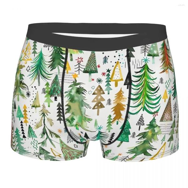 Cuecas pinheiros e abetos floresta árvores de natal decorações padrão vermelho verde calcinha shorts boxer briefs masculino roupa interior