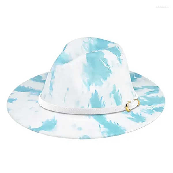 Berets Tie Dye Fedora Chapéu de Feltro Largo Brim Lã Vestido Panamá Estilo Especial Senhoras Trilby Gambler Moda Cowboy Party