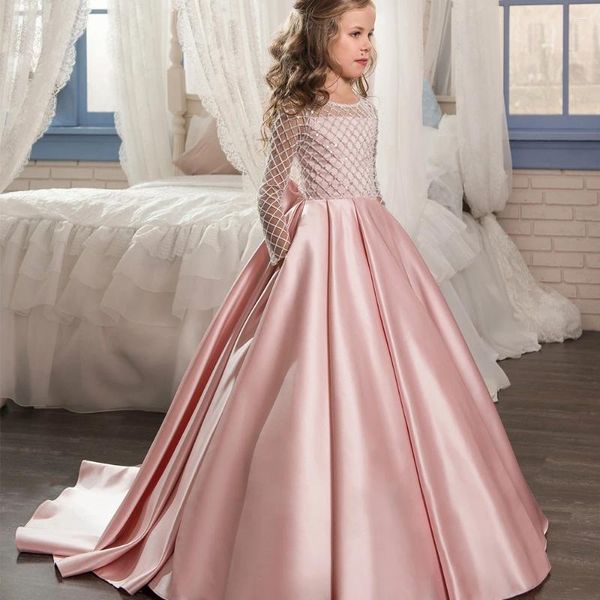 Kız Elbise Çiçek Elbise Pembe Satin Mesh Sparkly Bow Düğün Zarif Çocuk İlk Eucharist Doğum Günü Top Parti Hediyesi