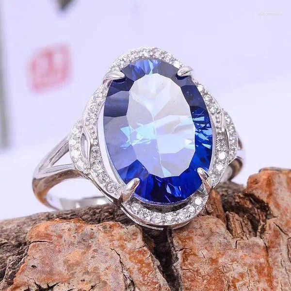 Anéis de cluster anel de dedo natural real azul topázio 925 prata esterlina atacado para homens ou mulheres gem: 10 14mm