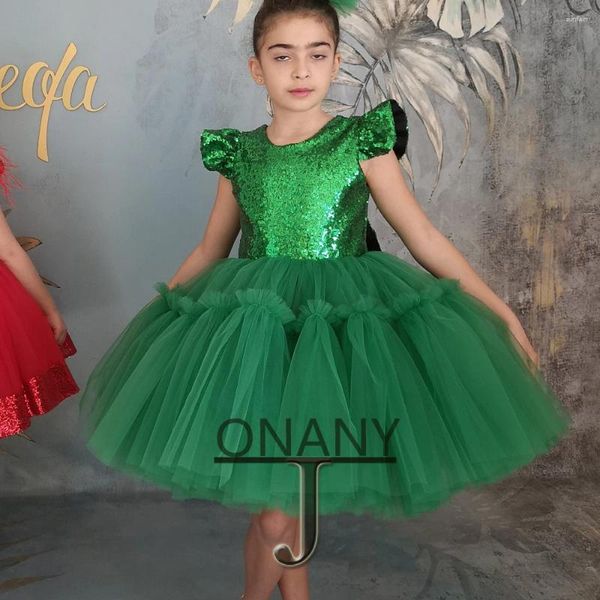 Kız Elbiseler Jonany ışıltılı pullu yay çiçek elbisesi boynuz kolları sırtsız özelleştirilmiş doğum günü pageant elbisesi için çocuk robe de demoiselle