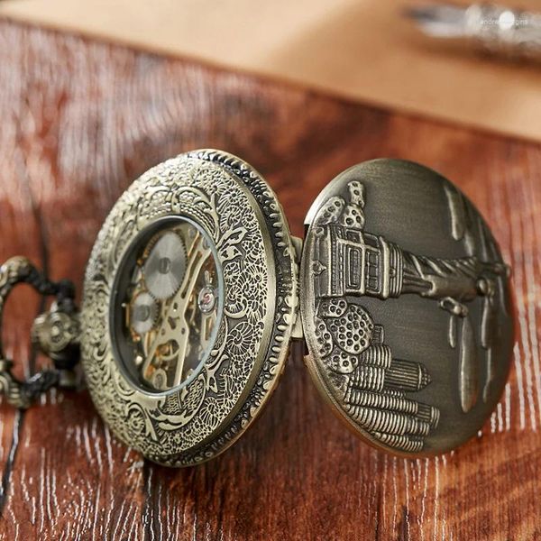 Taschenuhren Statue von Steampunk Mechanische Handaufzugsuhr Hohles römisches Zifferblatt Skelettuhr FOB Taillenkette Geschenk