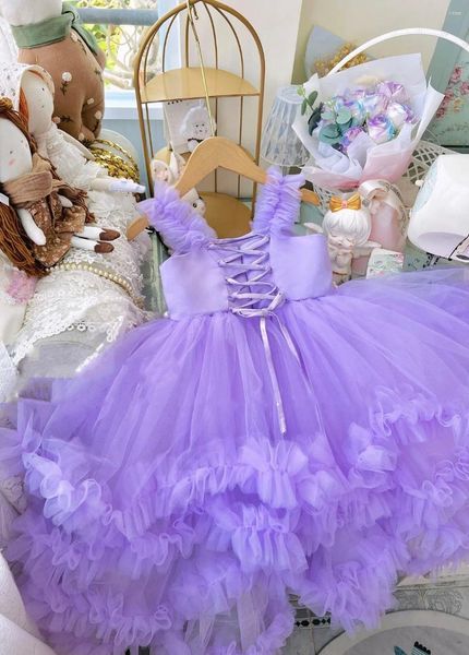 Платья для девочек из тюля с фиолетовым цветком, пышное платье с жемчугом и оборками до щиколотки, детское платье на подтяжках для дня рождения, одежда для первого причастия