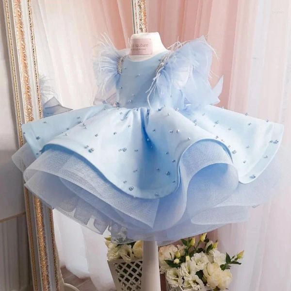 Kız elbise çiçek fırfırlar mücevher boynu lüks tüy tüyü inci kabarık prenses için düğün doğum günü partisi ilk cemaat elbisesi