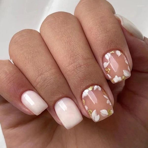 Накладные ногти 24 шт., дизайн из белого золота, накладные кончики ногтей, розовые искусственные накладные квадратные короткие французские корейские с