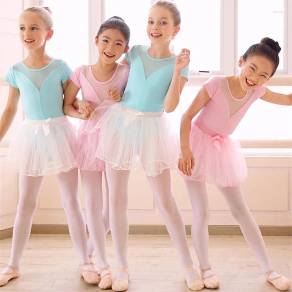 Bühnenkleidung Mädchen Ballett Trikot Gymnastik Body Mesh Splice Kostüme Kinder Kurzarm Chiffon Tutu Kleid Kinder Tanzen