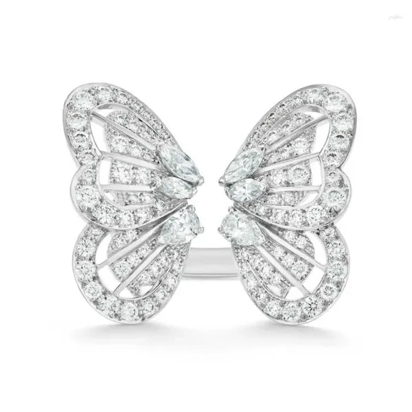 Cluster Ringe Luxus Trendy Silber Überzogene Schmetterling Offen Für Frauen Glanz Weiß CZ Stein Voll Gepflastert Modeschmuck Cocktail Party Geschenk