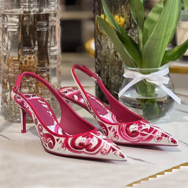 65mm alçak Kırmızı Baskılı Deri Slingback Pompalar Ayakkabılar Saçlı Ayak Parmağı Stiletto Topuklu Sandals Kadın Lüks Tasarımcı Elbise Patent Deri Toka Ayakkabıları Kutu