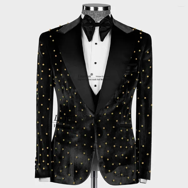 Ternos masculinos luxuosos com pérolas e ornamentos, 3 peças, veludo, casamento, noivo, jantar, festa, baile, blazers, ternos completos