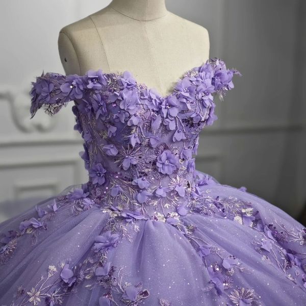 Lavanda fora do ombro vestido de baile quinceanera vestidos 3d flor apliques doce 16 15 vestido de aniversário de 15 anos concurso