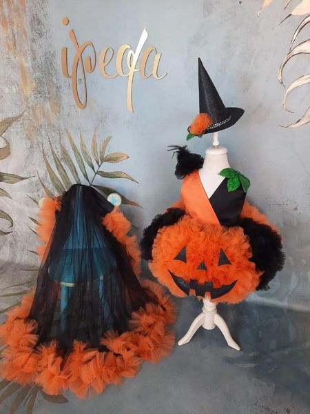 Vestidos da menina bonito preto laranja bebê traje de halloween tule festa de aniversário arco babados crianças criança vestido de comunhão sagrada roupa