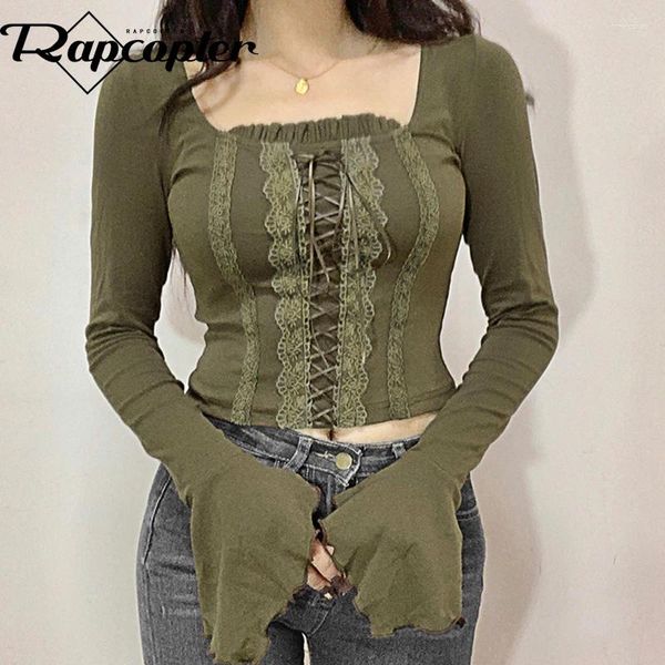 Mulheres Camisetas Rapcopter Y2K Trim Lace Up Crop Top Square Collar Manga Completa Camisa Mulheres Harajuku Grunge Fairycore Pullovers Coreano Chic