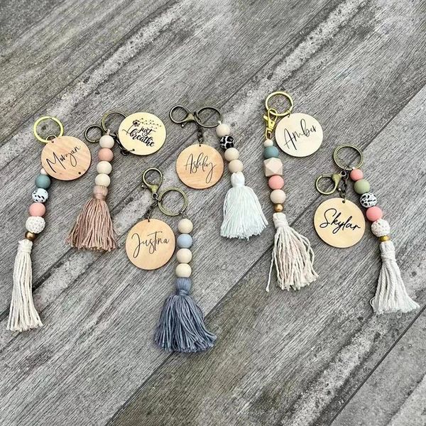 Anahtarlık Sürücü Hediyeleri - Ahşap Boncuk Tassel Keychain Boho Anahtar Yüzük Bezi Çanta Etiketi Öğretmen Take Takı Sevgililer Hediyesi Onun için