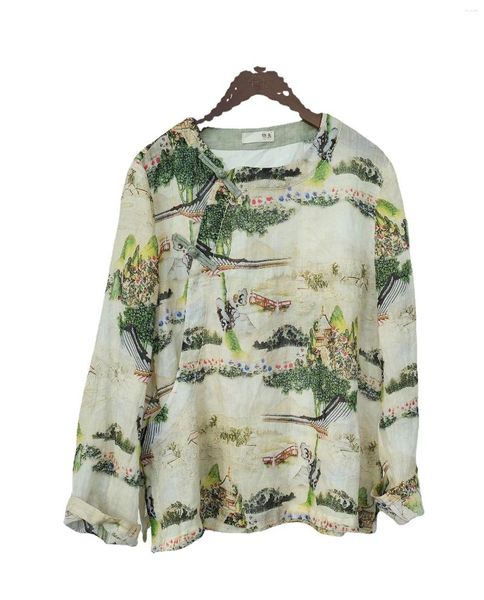 Camisetas femininas impressas cardigan camisa oriental leve nó artístico chinês botão top verão