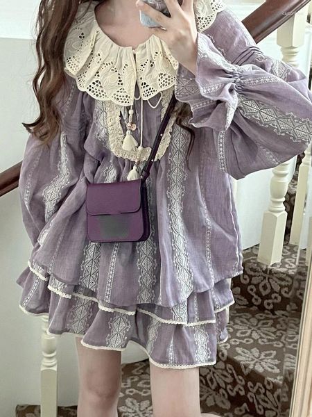 Vestidos de trabalho doce kawaii duas peças conjunto feminino com tiras roxo bonito moda saia feminina babados designer princesa terno 2023 outono