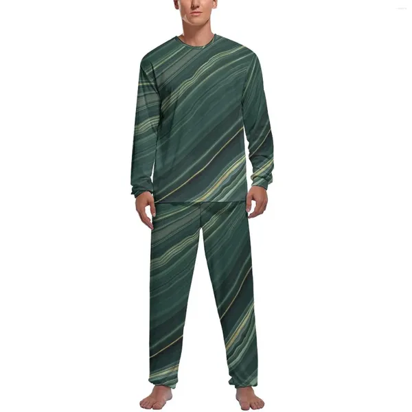 Herren-Nachtwäsche, Marmor-Druck-Pyjama, Wintergrün, flüssige Freizeit-Nachtwäsche, 2-teiliges, individuelles, langes Ärmel-Set für Herren