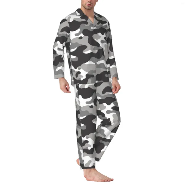 Herren-Trainingsanzüge, Tarnmuster, Schwarz, Weiß, Grau, langärmeliges Pyjama-Set mit Baumwollflanell-Herrenhosen und langen Ärmeln