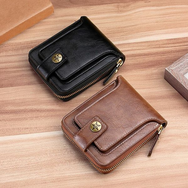 Vintage Men PU Leder kleine Brieftasche Kurzhorizontale Reißverschlussschnalle Münztasche Tri-Fold Card Case Tasche