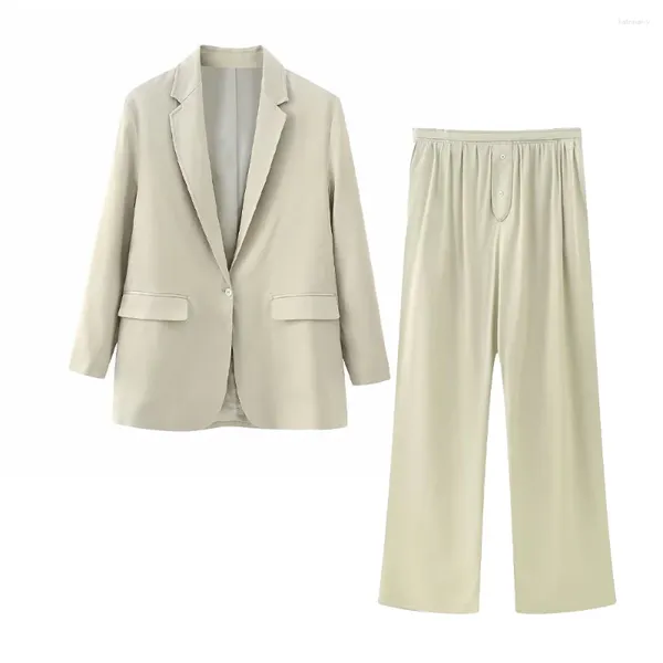 Ternos femininos femininos 2023 primavera moda cetim textura blazer casaco vintage manga longa bolsos feminino outerwear chique