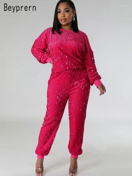 Calças femininas de duas peças Beyprern Outono Inverno Glitter Lantejoulas Mulheres Corredores Tracksuit Glam O Pescoço Veludo Conjunto de duas peças Night Club Outifts