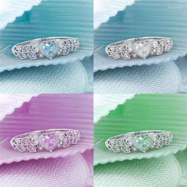 Anéis de cluster moda prata cores coração flor para mulheres na moda metal incrustado branco azul verde rosa pedra casamento noivado jóias