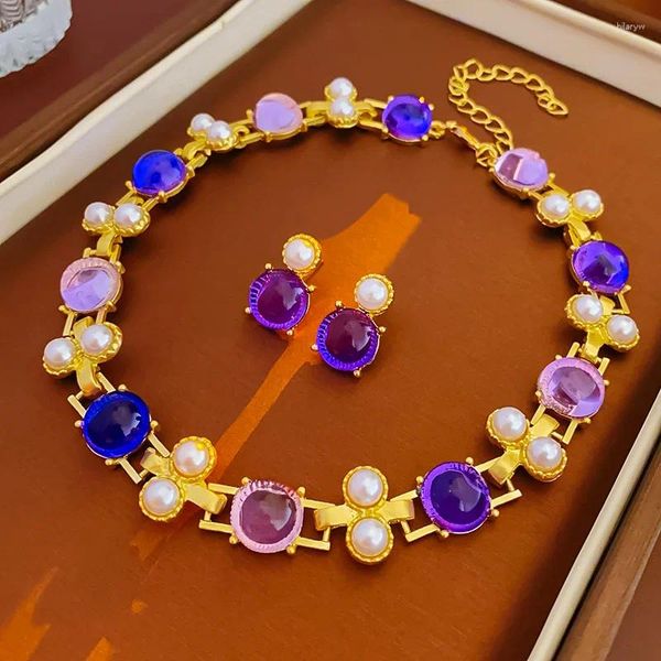 Colar brincos conjunto fyuan vintage pérola geométrica para mulheres roxo rosa resina casamento acessórios de noiva