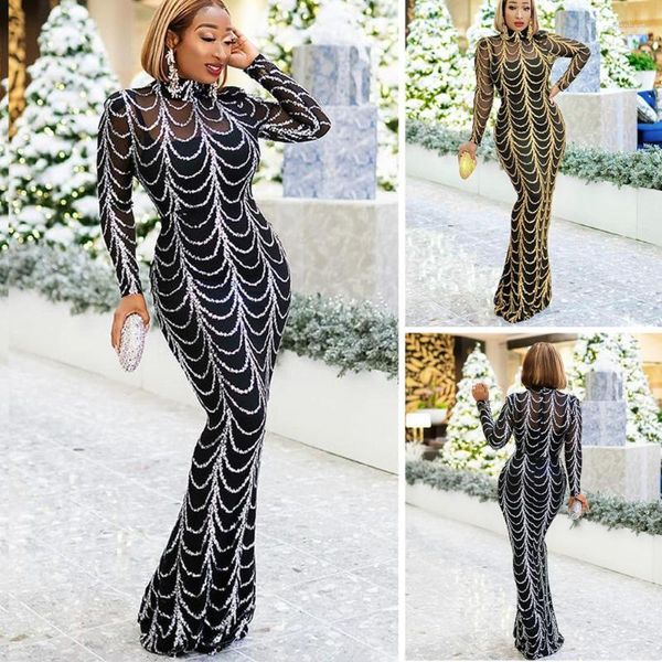 Abbigliamento etnico Donne sexy Party Evening Maxi Dress Paillettes Luxury Bodycon Manica lunga Lunghezza pavimento Abito da donna africano Moda caftano