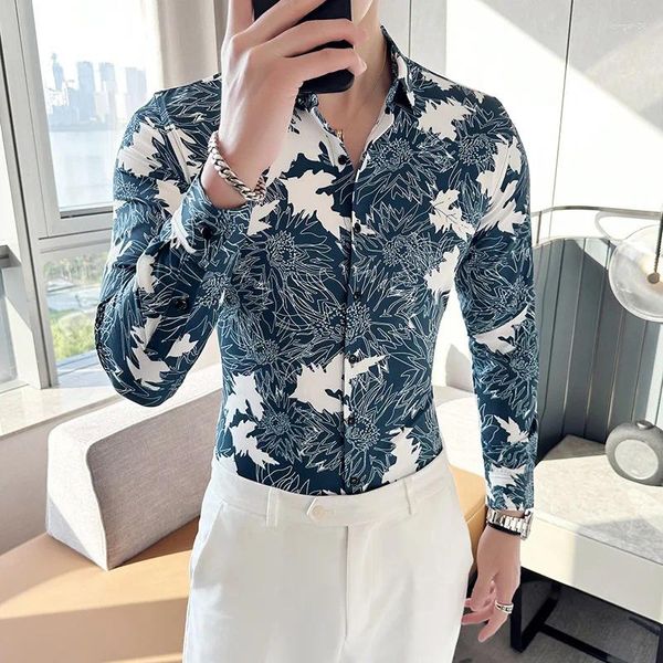 Camisas casuais masculinas 2023 outono inverno flor homens manga longa slim fit moda festa social streetwear roupas M-6XL