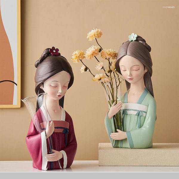 Estatuetas decorativas antiga menina chinesa resina escultura personagem modelo vaso criativo estátuas de armazenamento casa sala estar decoração desktop