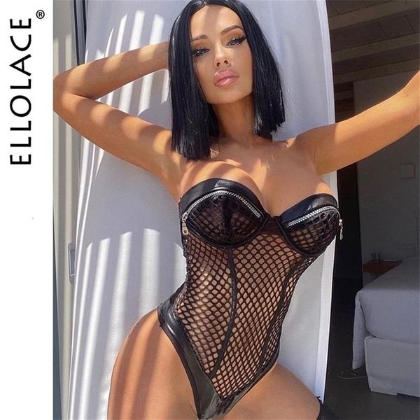 Mulheres Macacões Macacão Ellolace Sensual Fishnet Bodysuit Mulheres Rendas Trajes Exóticos Sexy Oco Out Halter Bodycon Lingerie Siss238q