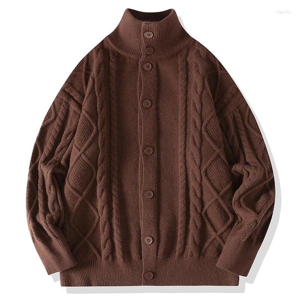 Suéter masculino outono inverno homens soltos de alta qualidade jacquard gola suéter cardigan manga comprida sólida jaqueta de gola alta 3xl