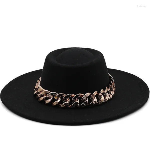Berets Luxo Ampla Brim Grosso Cadeia de Ouro Fascinator Bege Chapéus para Homens Mulheres Top Fedora Sombrero Hombre