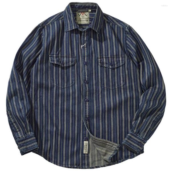 Camisas casuais masculinas vintage listra vertical camisa jeans com lavagem de carga pesada aimi cáqui para fazer casaco velho