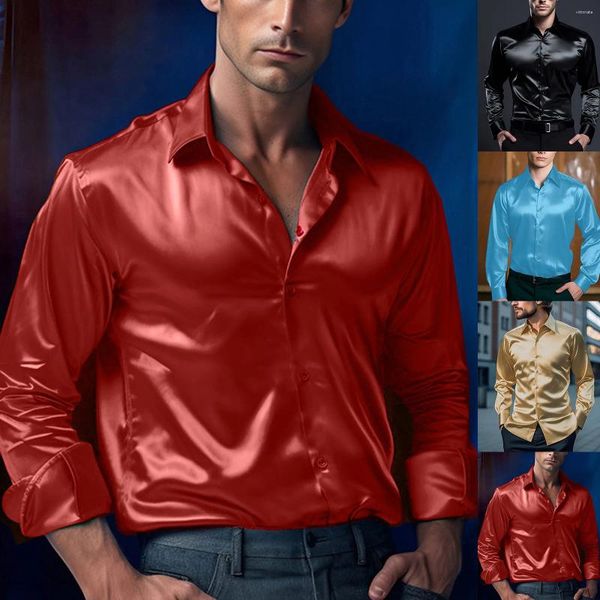 Herren-Freizeithemden, Party-Männerhemd, Seide, Satin, glatt, solide, Smoking, Business, schmale Passform, glänzendes Gold, Hochzeitskleid, Tops, Blusa