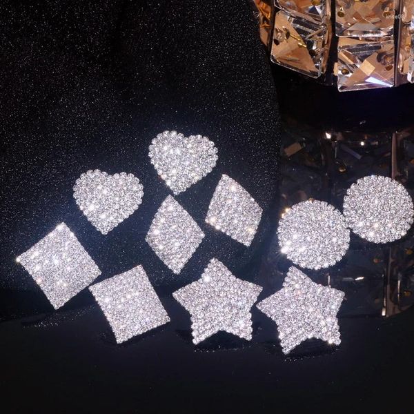 Brincos de garanhão brilhante coração de cristal para mulheres bijuterias geométricas grandes strass cheios de strass presentes de joias de casamento