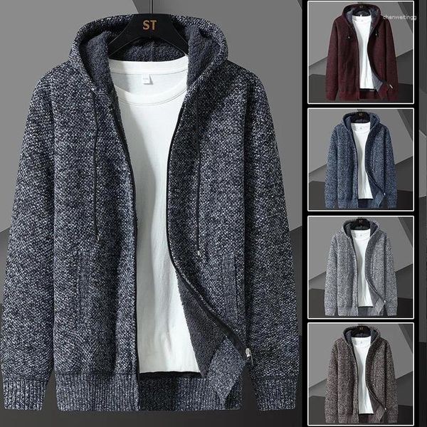 Camisolas masculinas inverno moda lã camisola quente com capuz cardigan casaco masculino cor sólida casual jaqueta grossa roupas masculinas