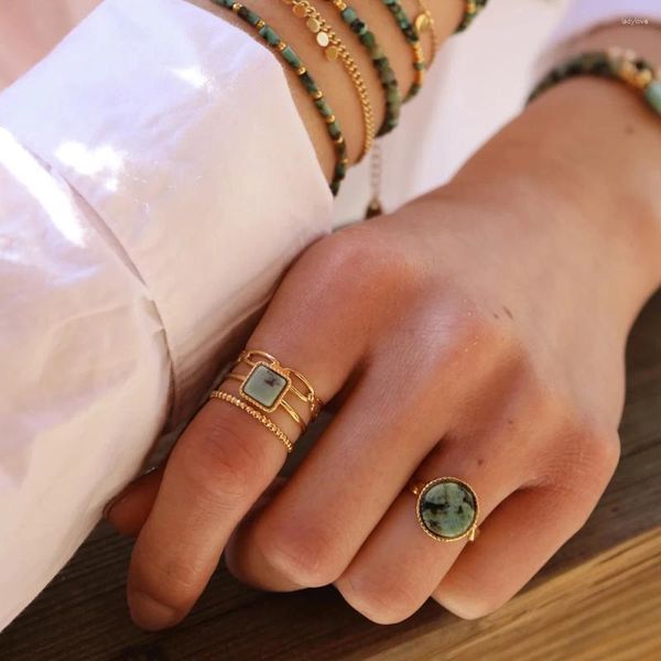 Кольца кластера Uworld, открытое кольцо с натуральной африканской бирюзой, позолоченное кольцо из нержавеющей стали 18 карат, круглая корона, дизайн, регулируемый для женщин, Waterp